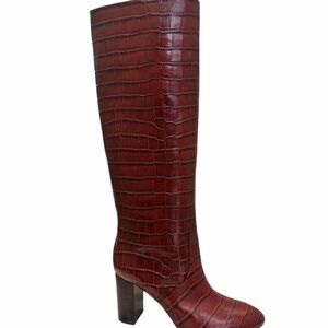 Loeffler Randall Crocodile-Embossed Heeled Boots in Rich Brown